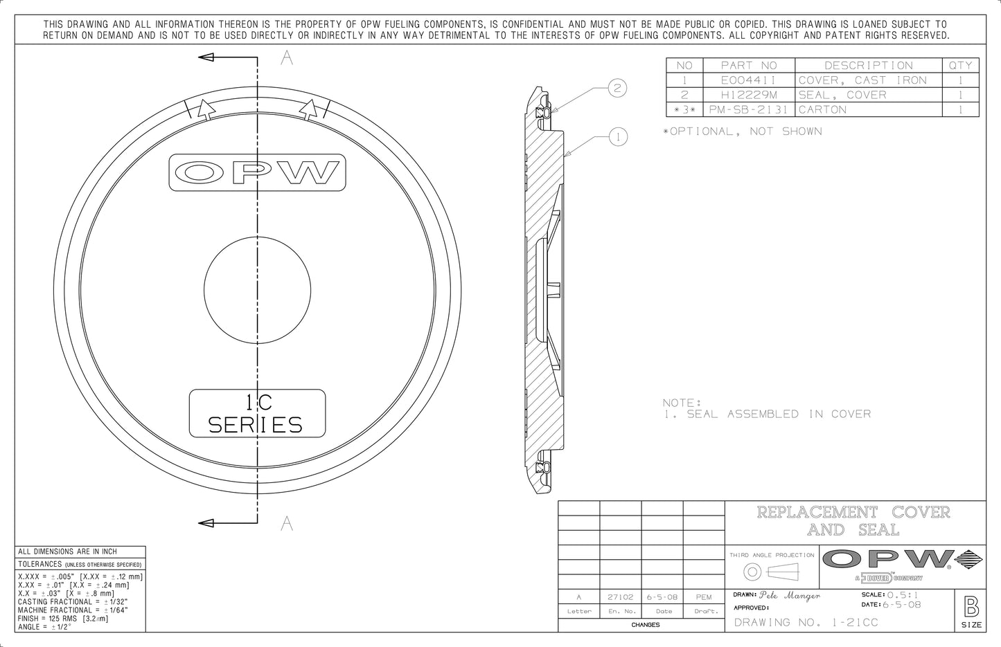 OPW FC 1-21CC Replacement Cast Iron Cover w/ Seal 1-2100