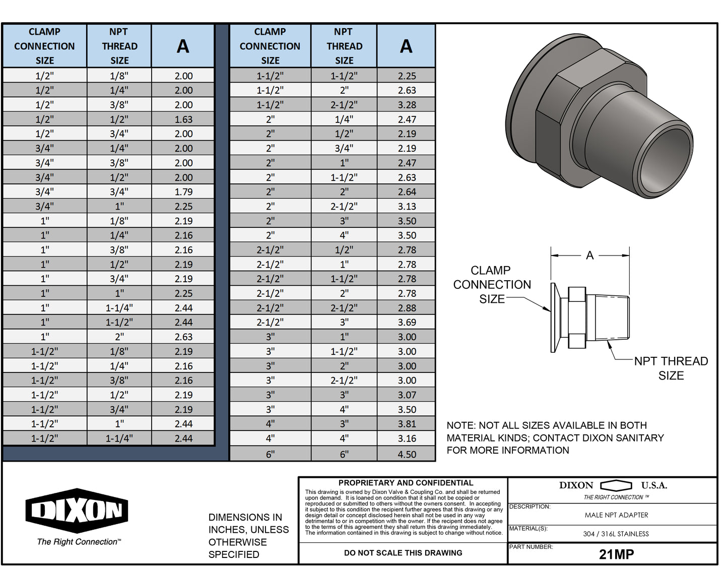Dixon 21MP-G300400 4" MNPT X 3" Sanitary Adapter