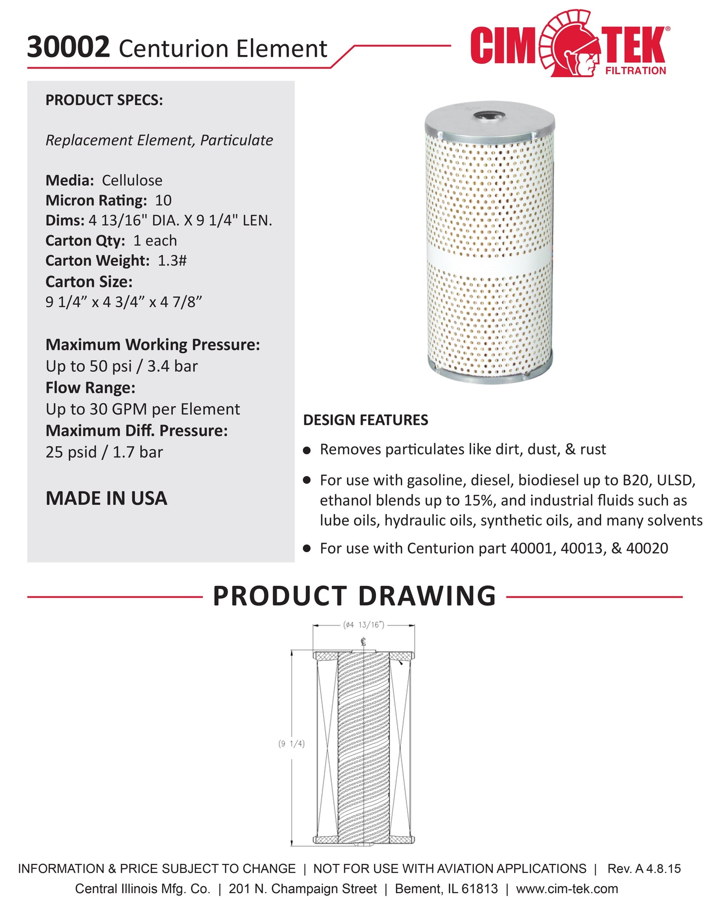 CimTek 30002 Centurion Filter Element 10 Micron