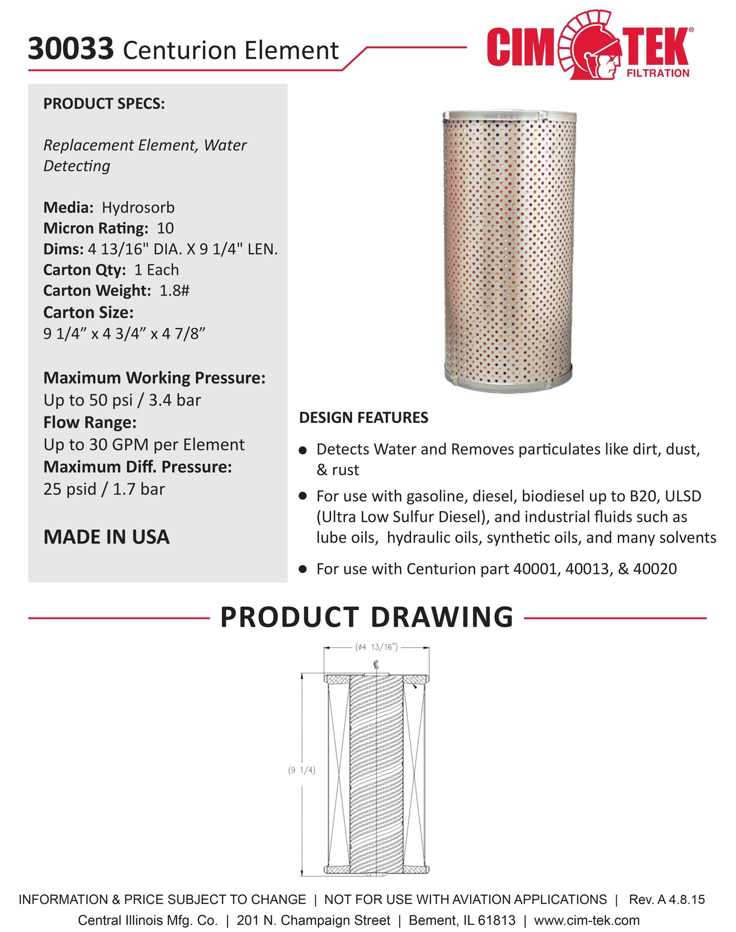 CimTek 30033 Centurion Filter Element 10 Micron Hydrosorb