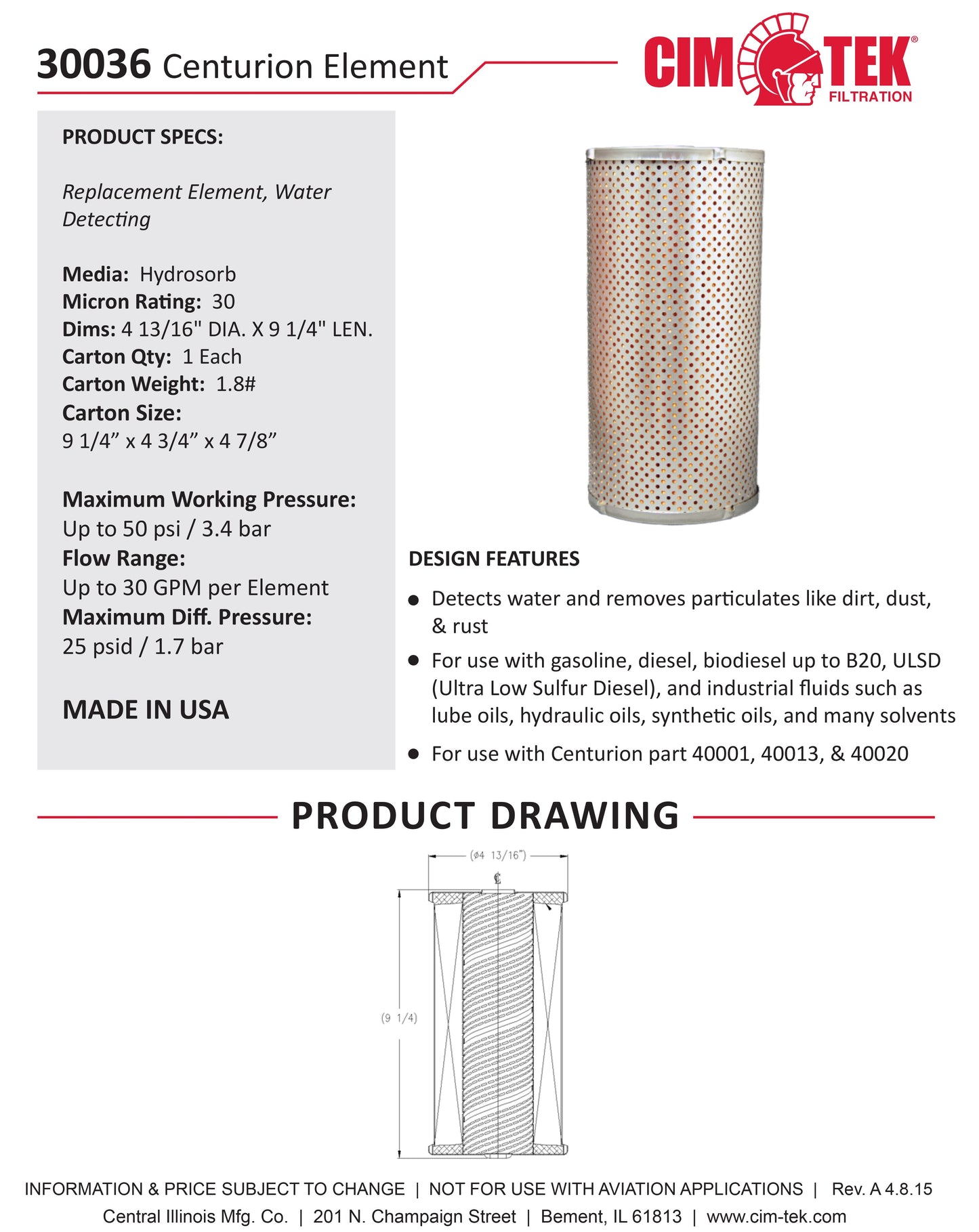 CimTek 30036 Centurion Filter Element 30 Micron Hydrosorb