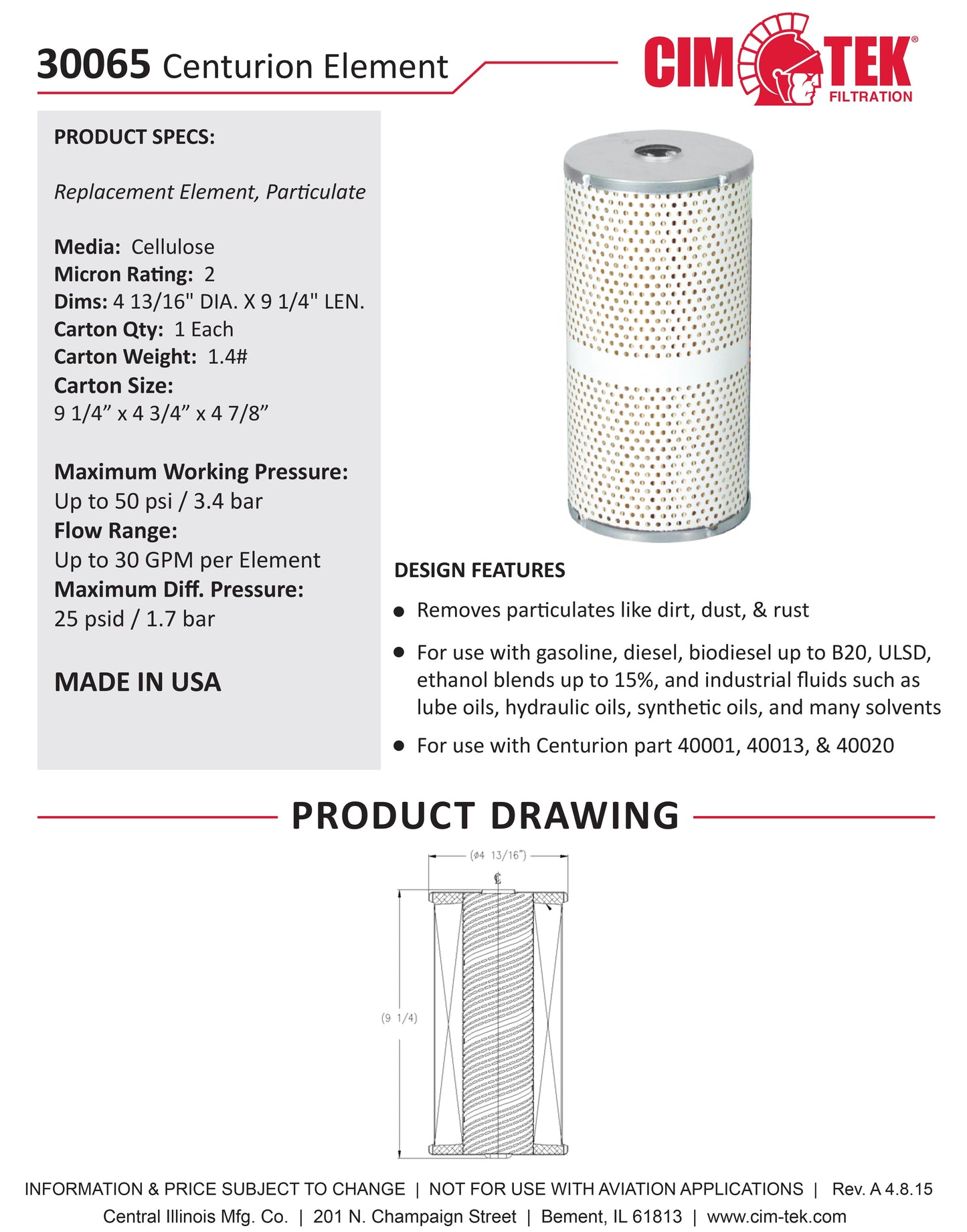 CimTek 30065 Centurion Filter Element 2 Micron