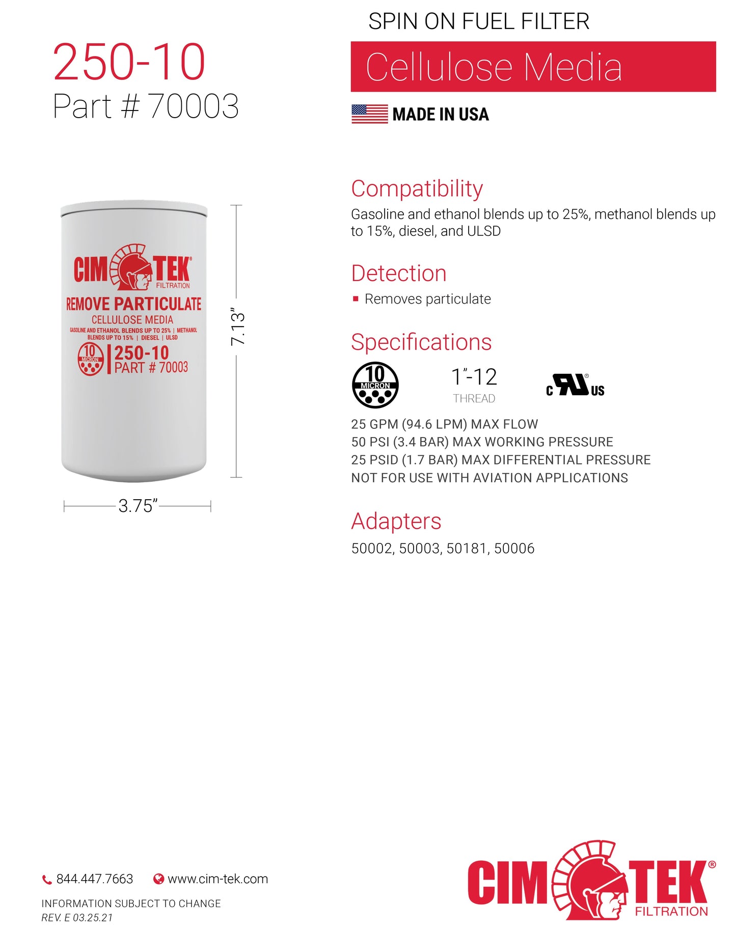 CimTek Filter 70003/250-10, Cellulose 10 Micron, 3/4"(1"-12) Threaded Filter