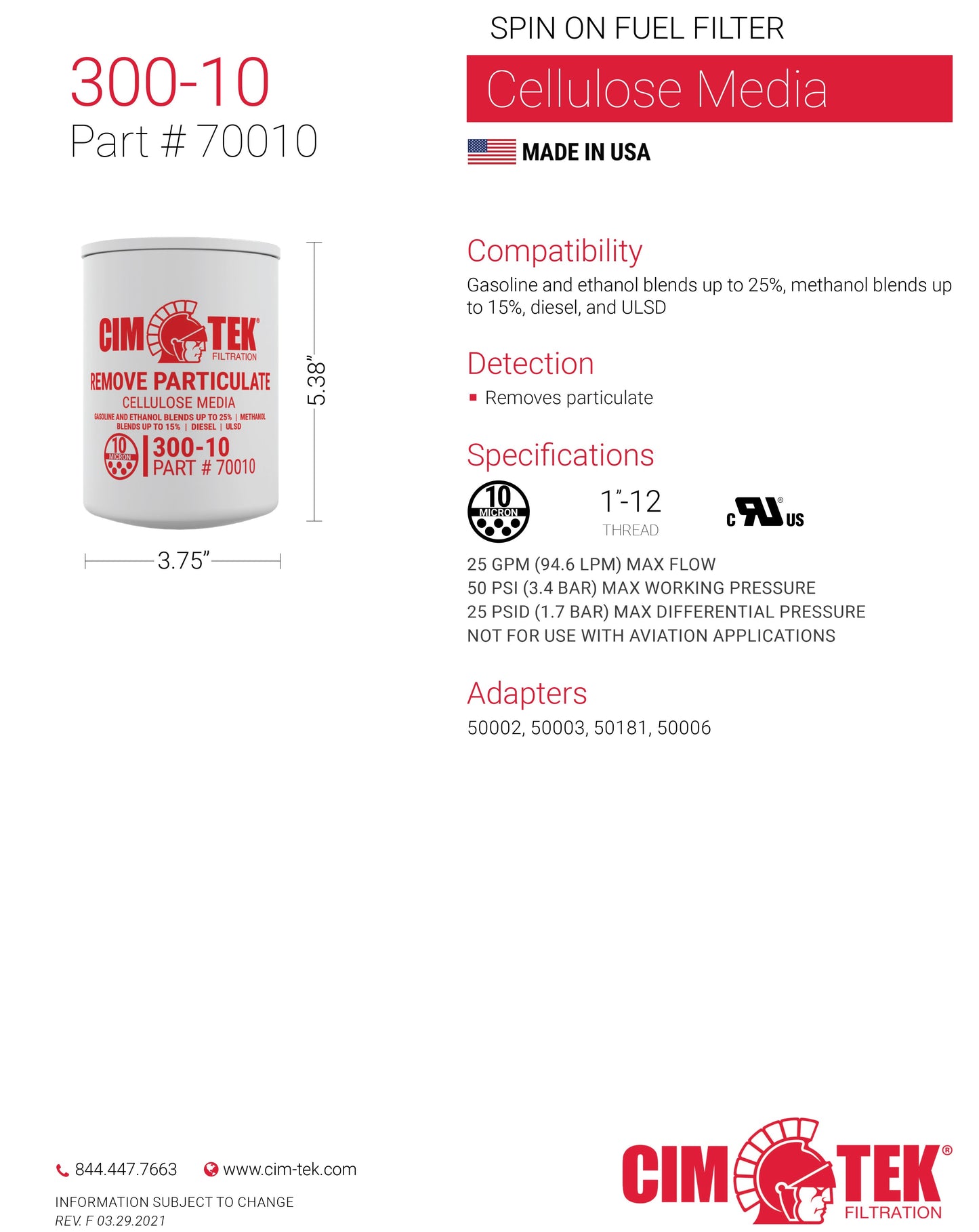 CimTek Filter 70010/300-10, 10 Micron, 3/4"(1"-12) Threaded Filter