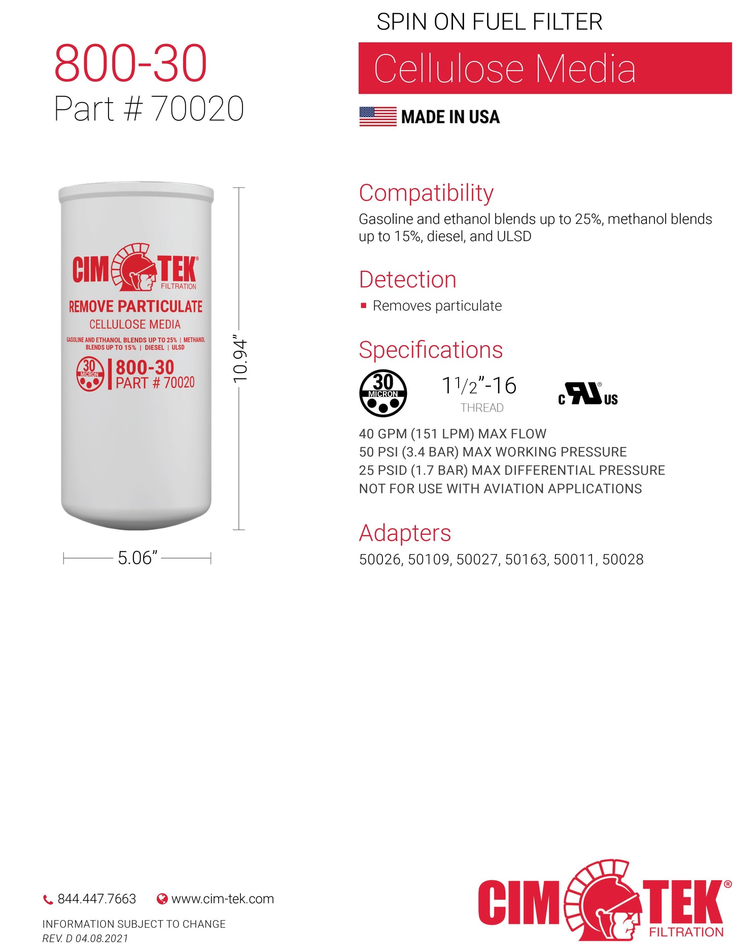 CimTek Filter 70020/800-30, 30 Micron, 1-1/2"-16 Threaded Filter