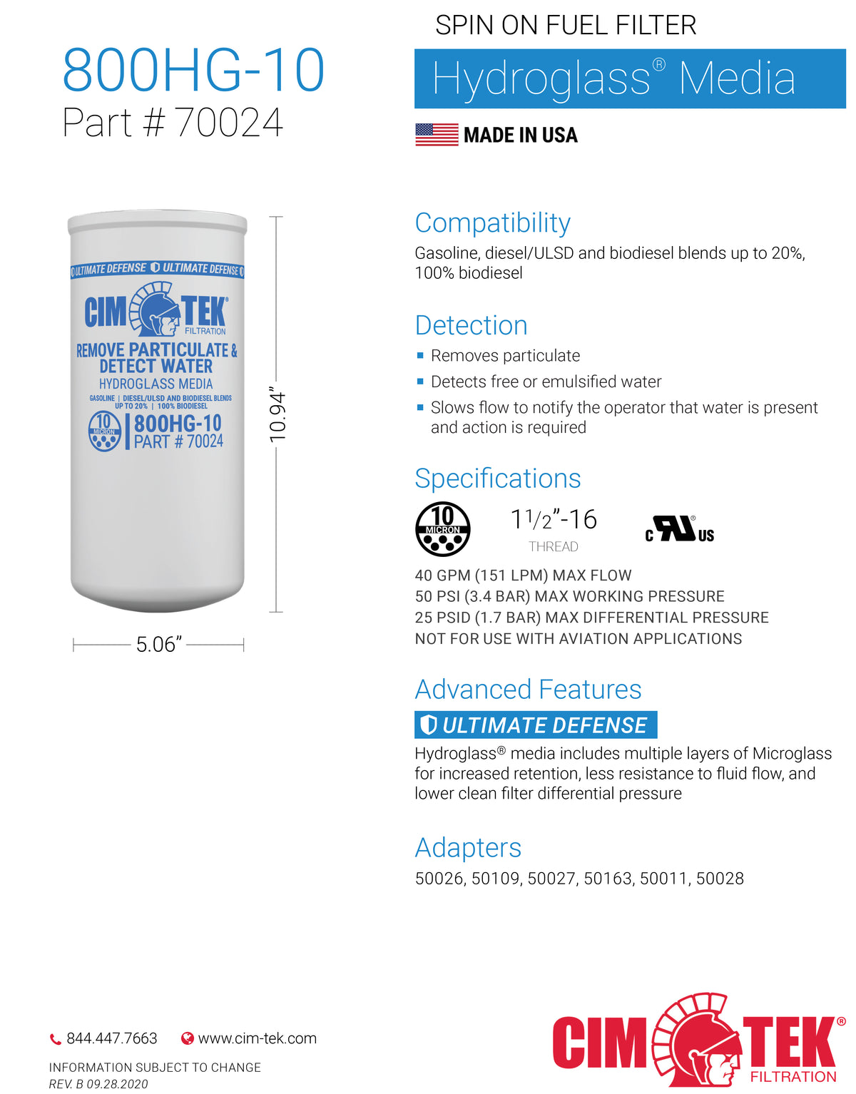 CimTek 70024/800HG-10 Hydroglass 10 Micron Filter