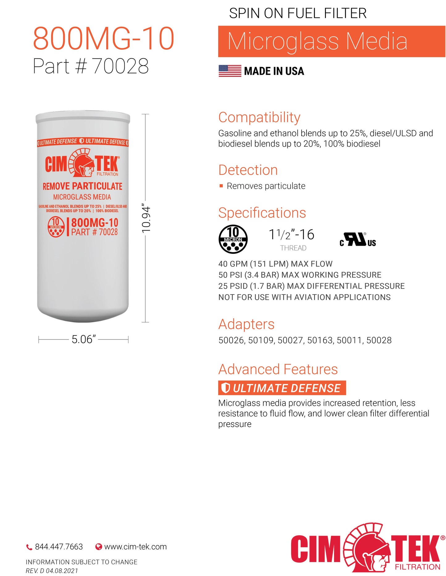 CimTek Filter 70028/800MG-10, 10 Micron, 1-1/2"-16 Threaded Filter