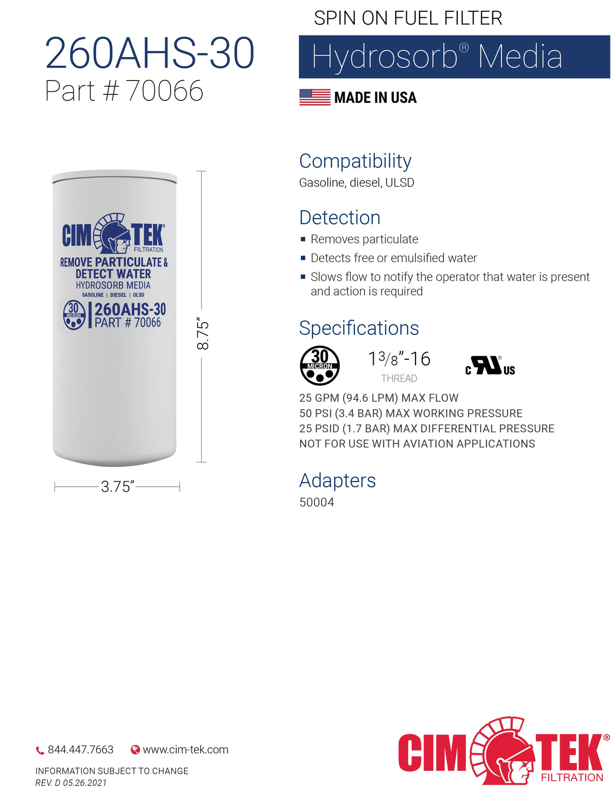 CimTek Filter 70066/260AHS-30, 30 Micron, 1"(1-3/8"-12) Threaded Filter