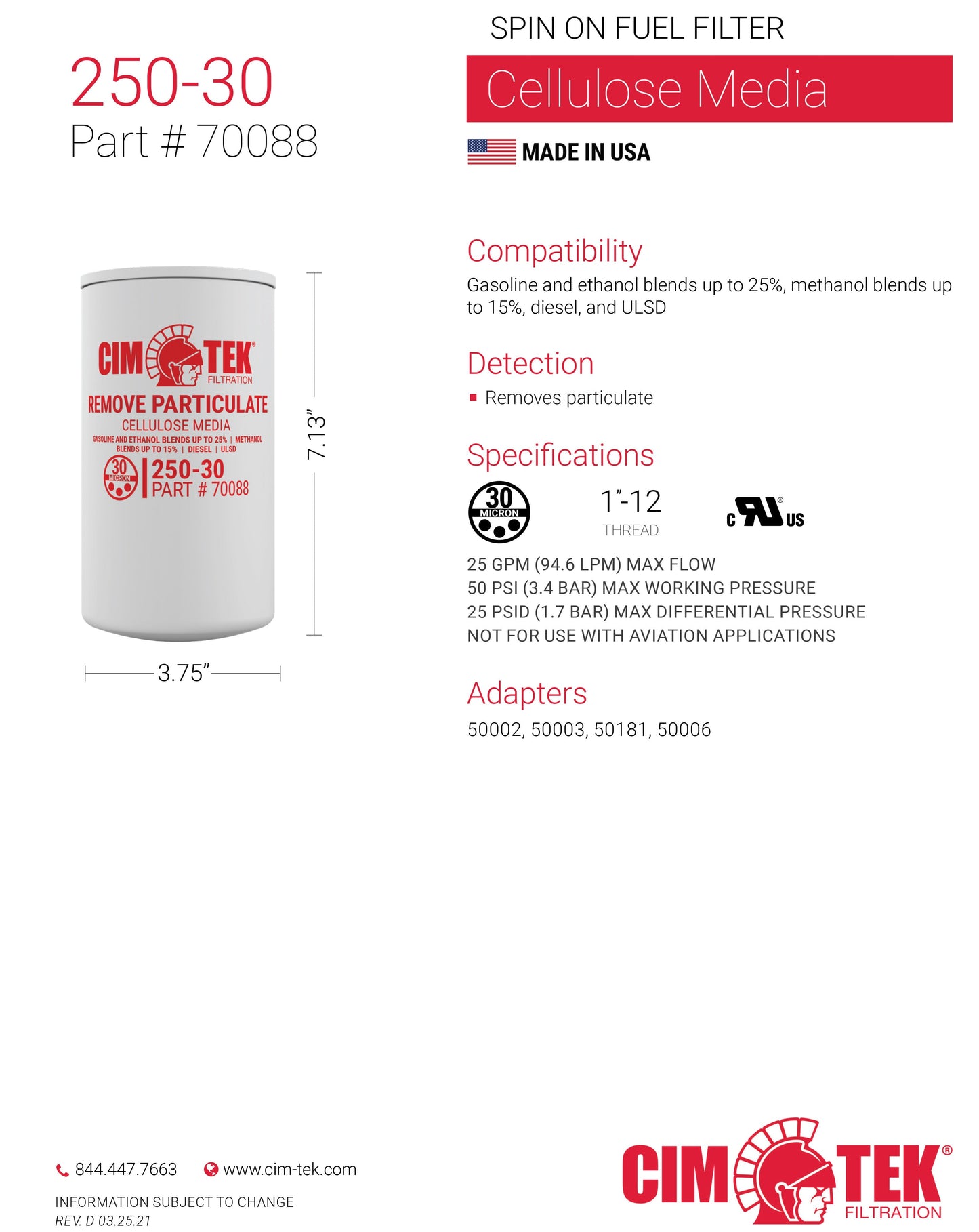 CimTek Filter 70088/250-30, Cellulose 30 Micron, 3/4"(1"-12) Threaded Filter