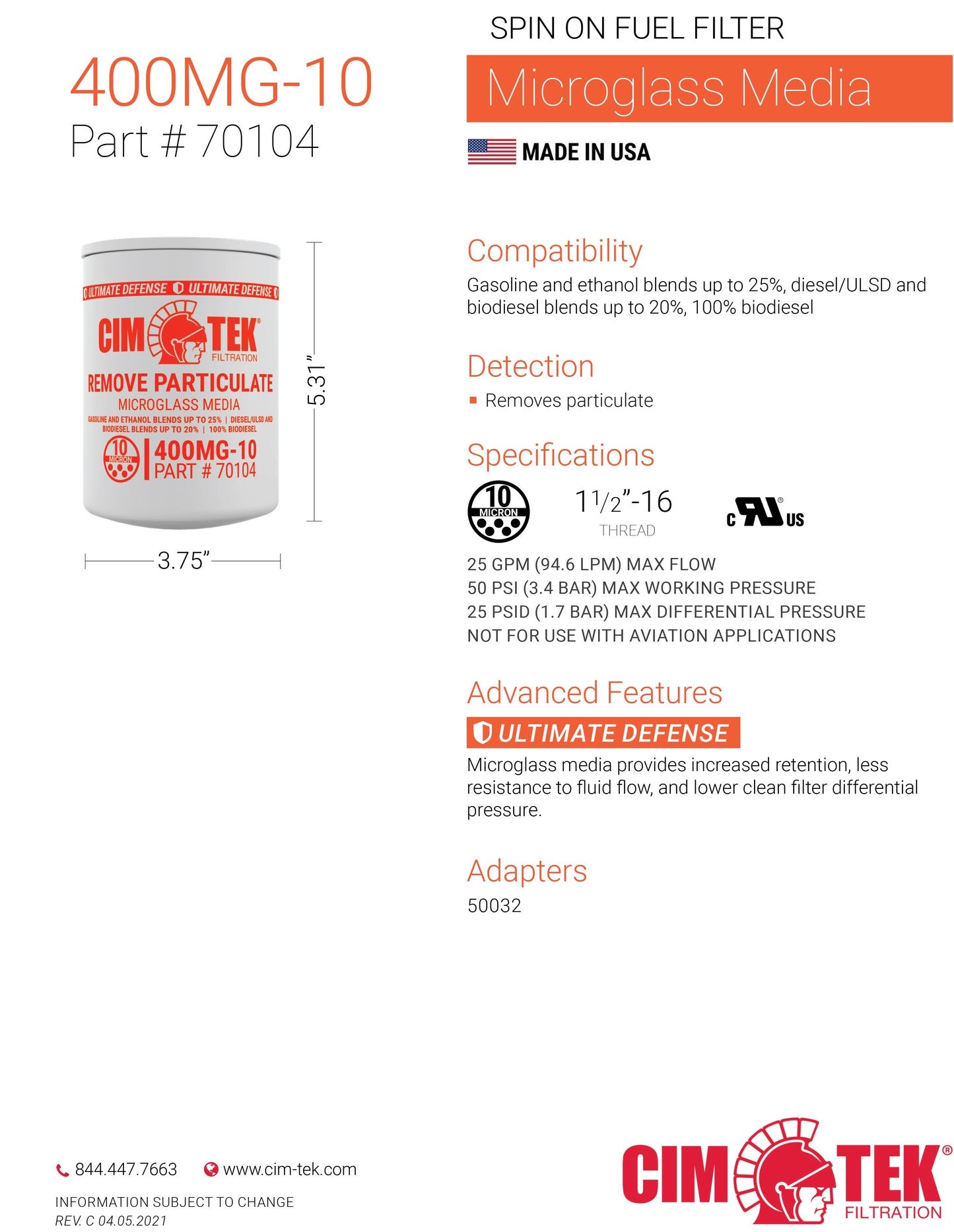 CimTek Filter 70104/400MG-10, 10 Micron, 1-1/2"-16 Threaded Filter