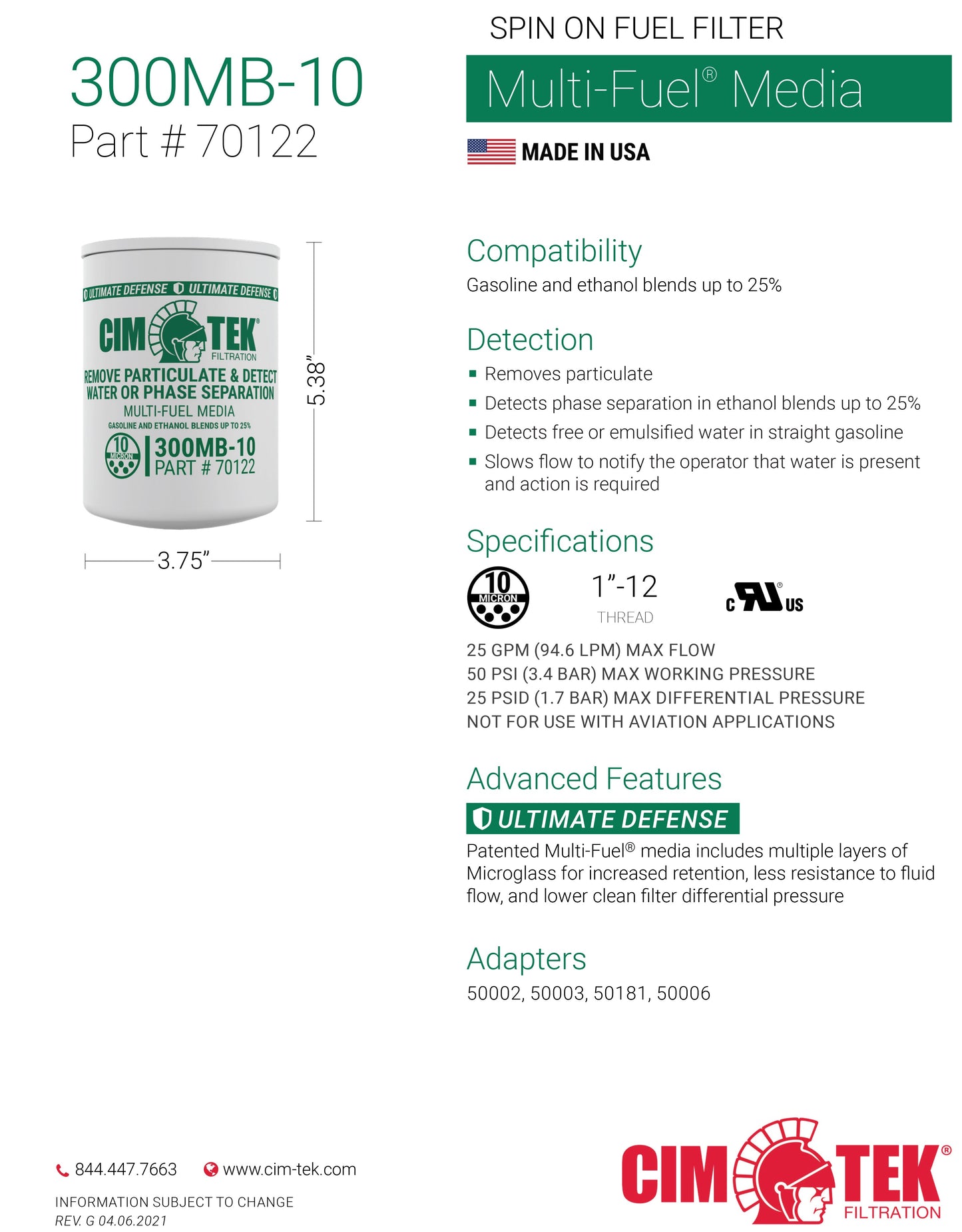 CimTek Filter 70122/300MB-10, 10 Micron, 3/4"(1"-12) Threaded Filter