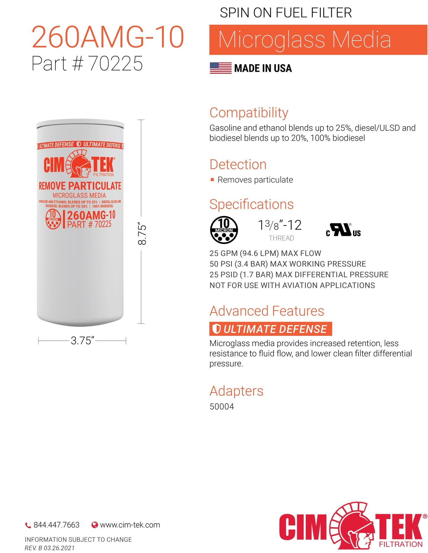 CimTek Filter 70225/260AMG-10, 10 Micron, 1"(1-3/8"-12) Threaded Filter