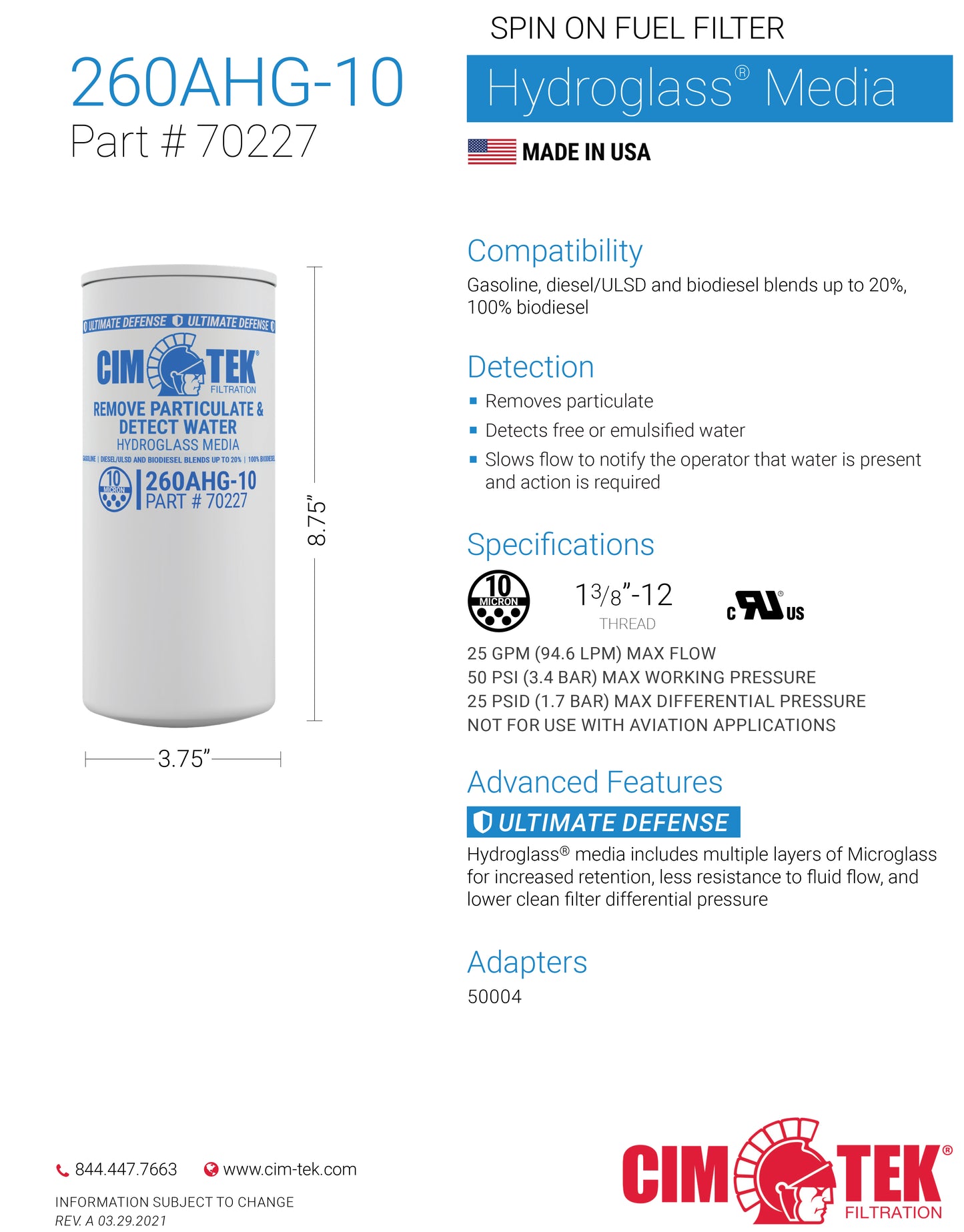 CimTek 70227/260AHG-10, Hydroglass 10 Micron, 1" (1-3/8"-12) Threaded Filter