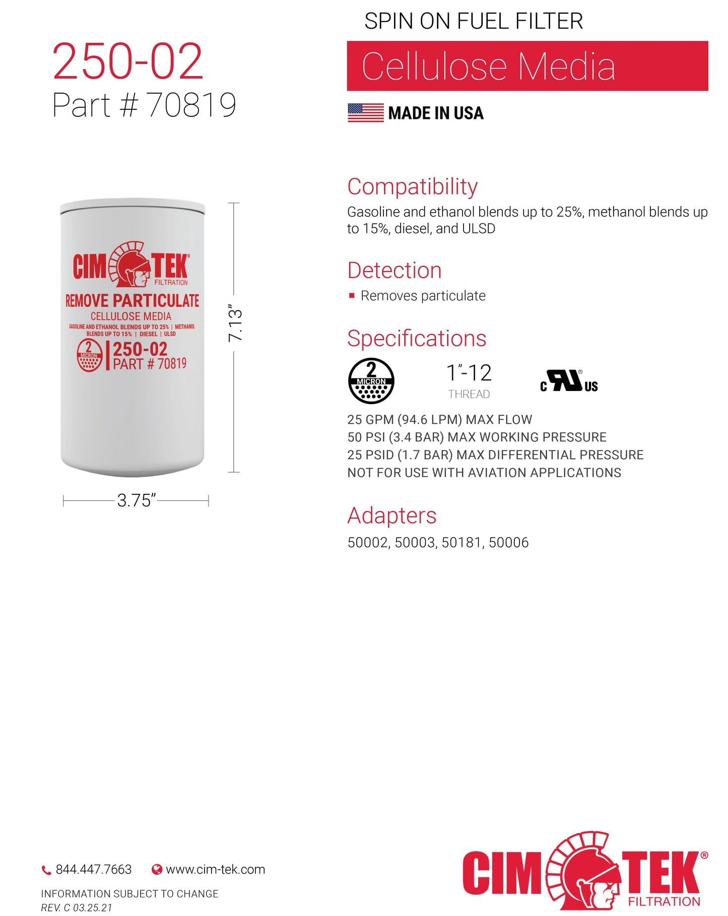 CimTek Filter 70819/250-02, Cellulose 2 Micron, 3/4" (1"-12) Threaded Filter