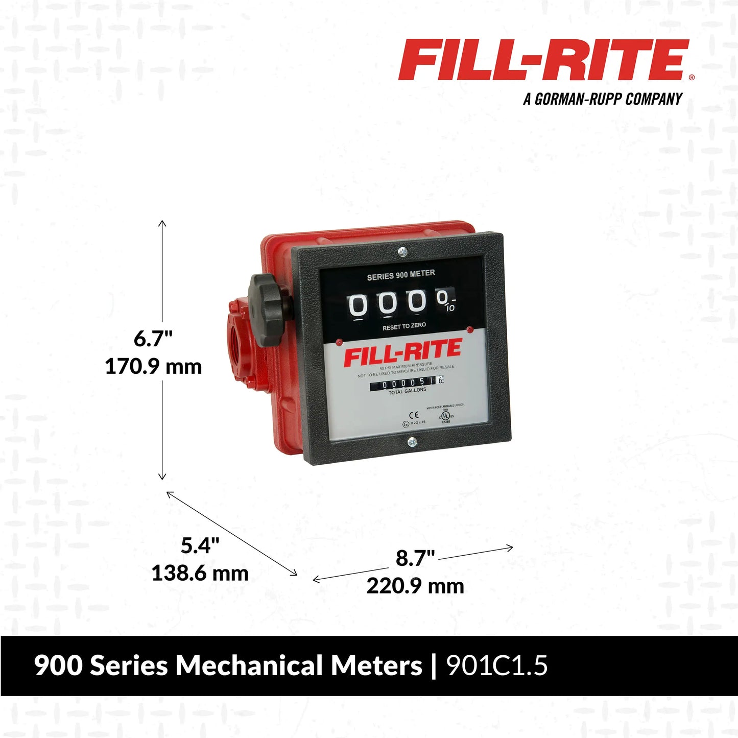 Fill-Rite 901C1.5 1-1/2"npt 6-40 GPM 4-Digit Mechanical Fuel Transfer Meter in Gallons