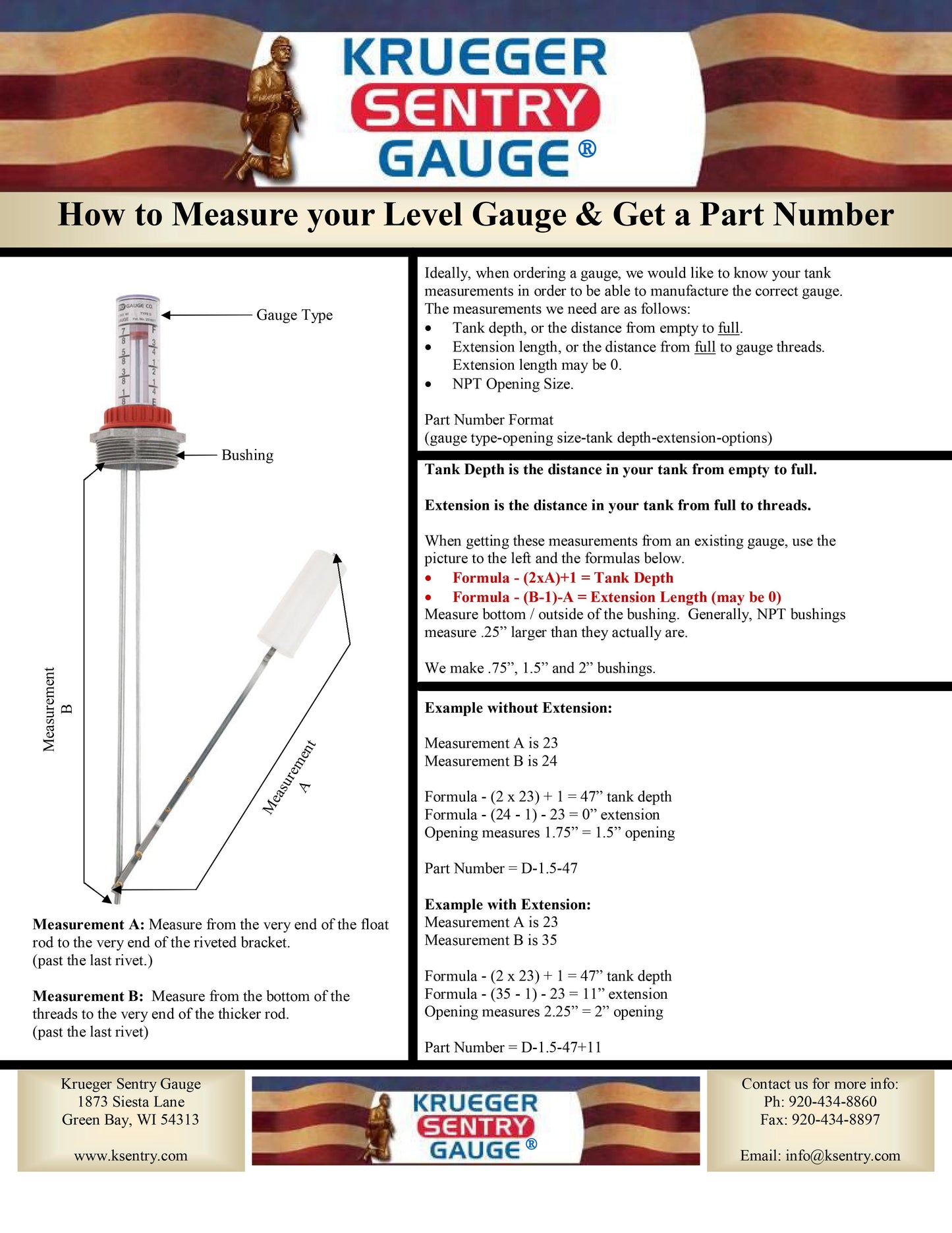 Krueger D2-38 At-A-Glance Gauge for Standard Tanks (Type D)