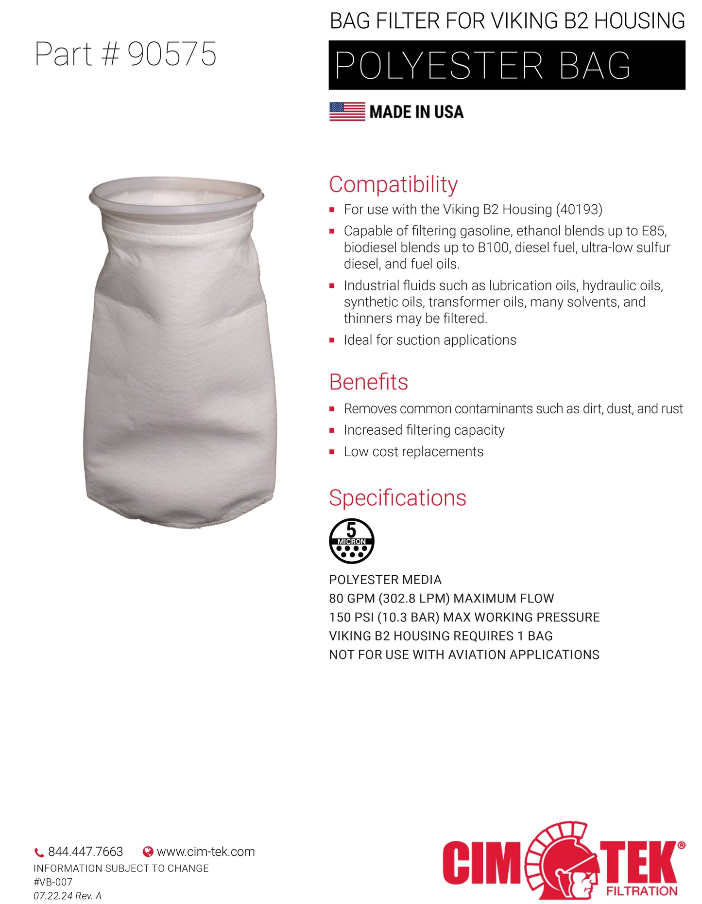 CimTek 90575 B2 Polyester Bag Filter 5 Micron
