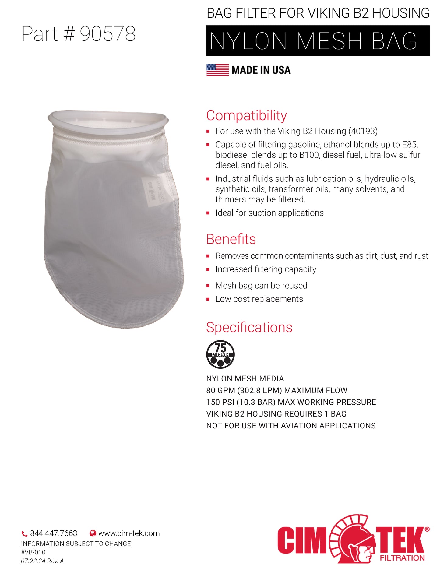 CimTek 90578 B2 Polyester Bag Filter 75 Micron