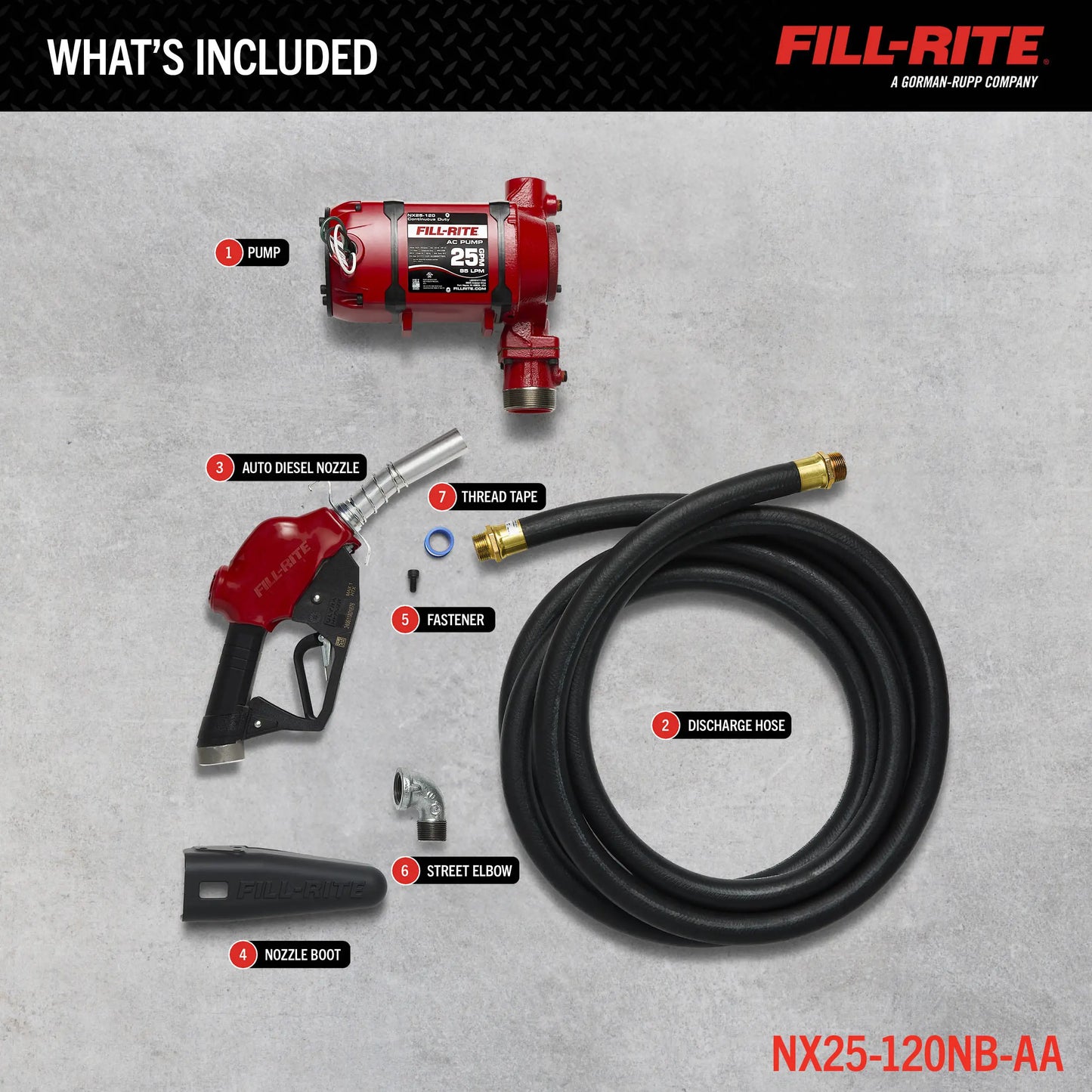 Fill-Rite NX25-120NB-AA 120V AC 25 GPM Fuel Transfer Pump with Automatic Diesel Nozzle, 1" X 18' UL Hose, 2" Bung Mounted