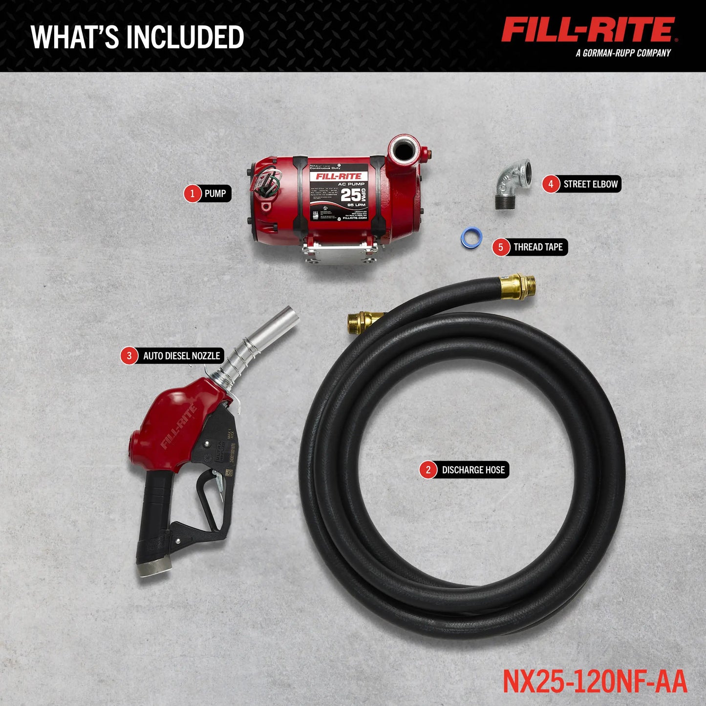 Fill-Rite NX25-120NF-AA 120V AC 25 GPM Fuel Transfer Pump with Automatic Diesel Nozzle, 1" X 18' UL Hose, Foot Mounted