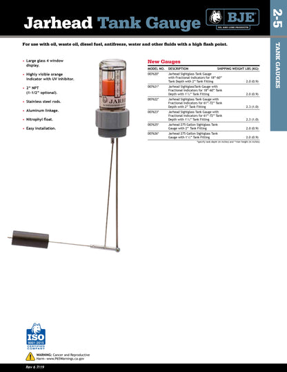 BJE 007620-38 Jarhead Tank Sight Gauge 2" MNPT connection, For a 38" Diameter Tank