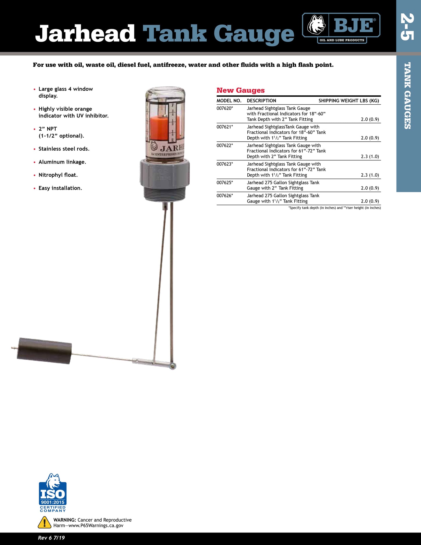 BJE 007620-48 Jarhead Tank Sight Gauge 2" MNPT connection, For a 48" Diameter Tank
