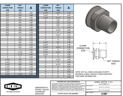 Dixon 21MP-G300400 4" MNPT X 3" Sanitary Adapter
