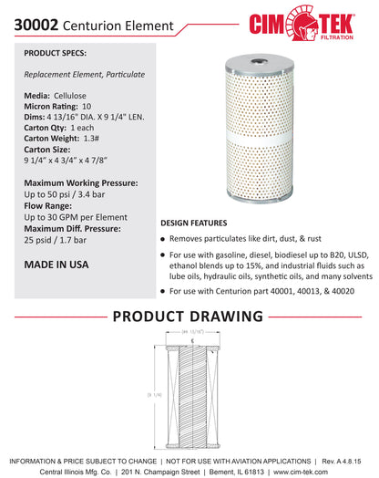 CimTek 30002 Centurion Filter Element 10 Micron