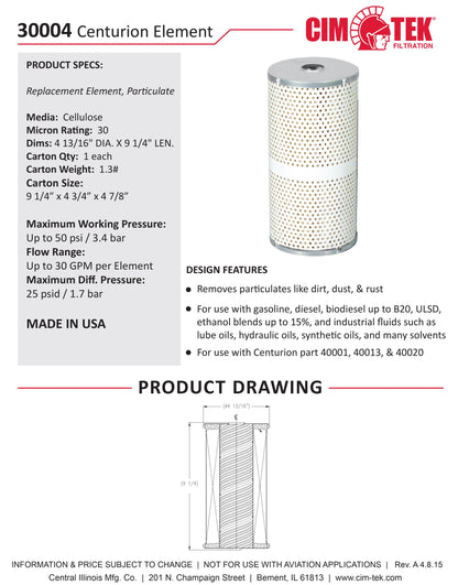 CimTek 30004 Centurion Filter Element 30 Micron