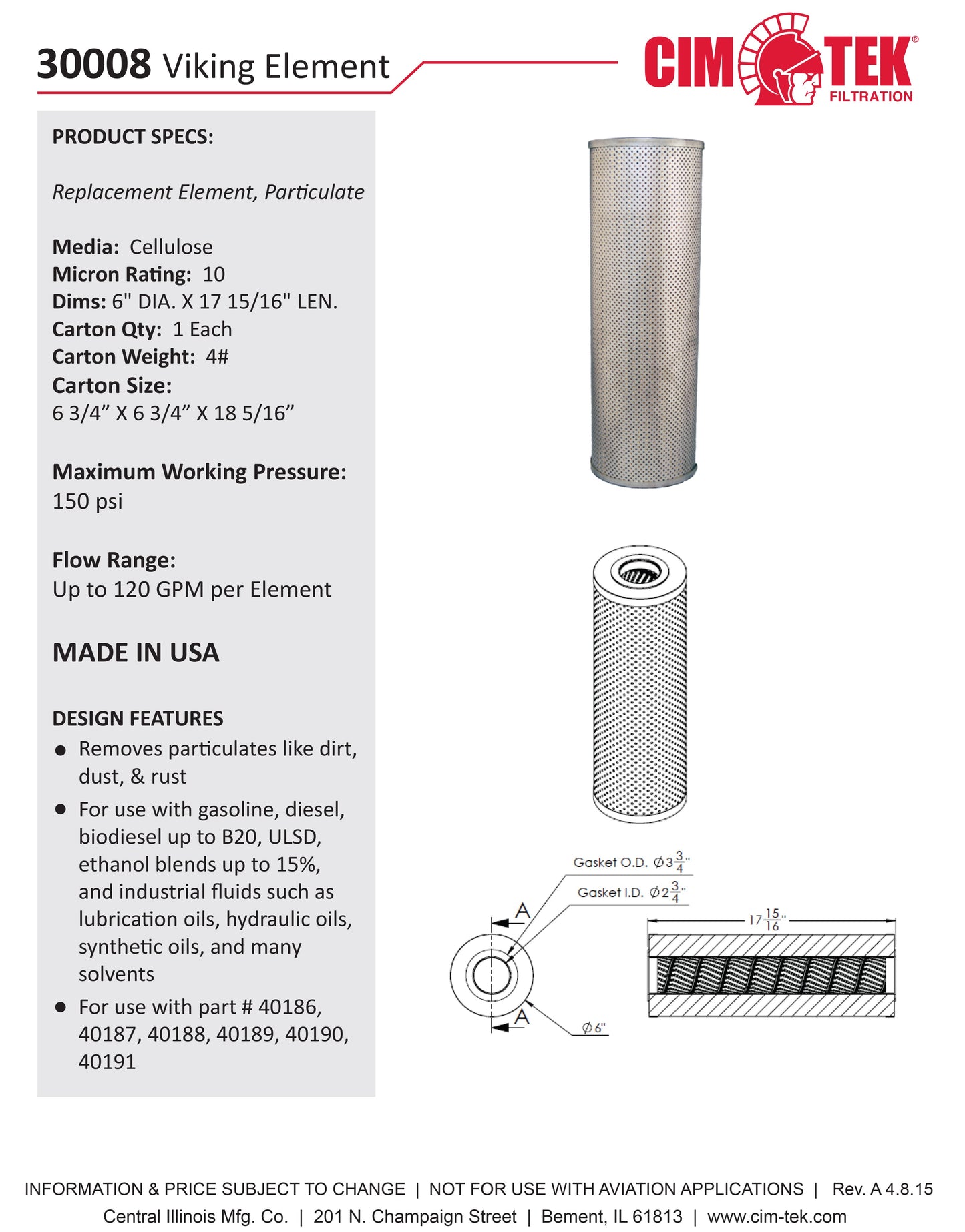 CimTek 30008 Viking Filter Element 10 Micron