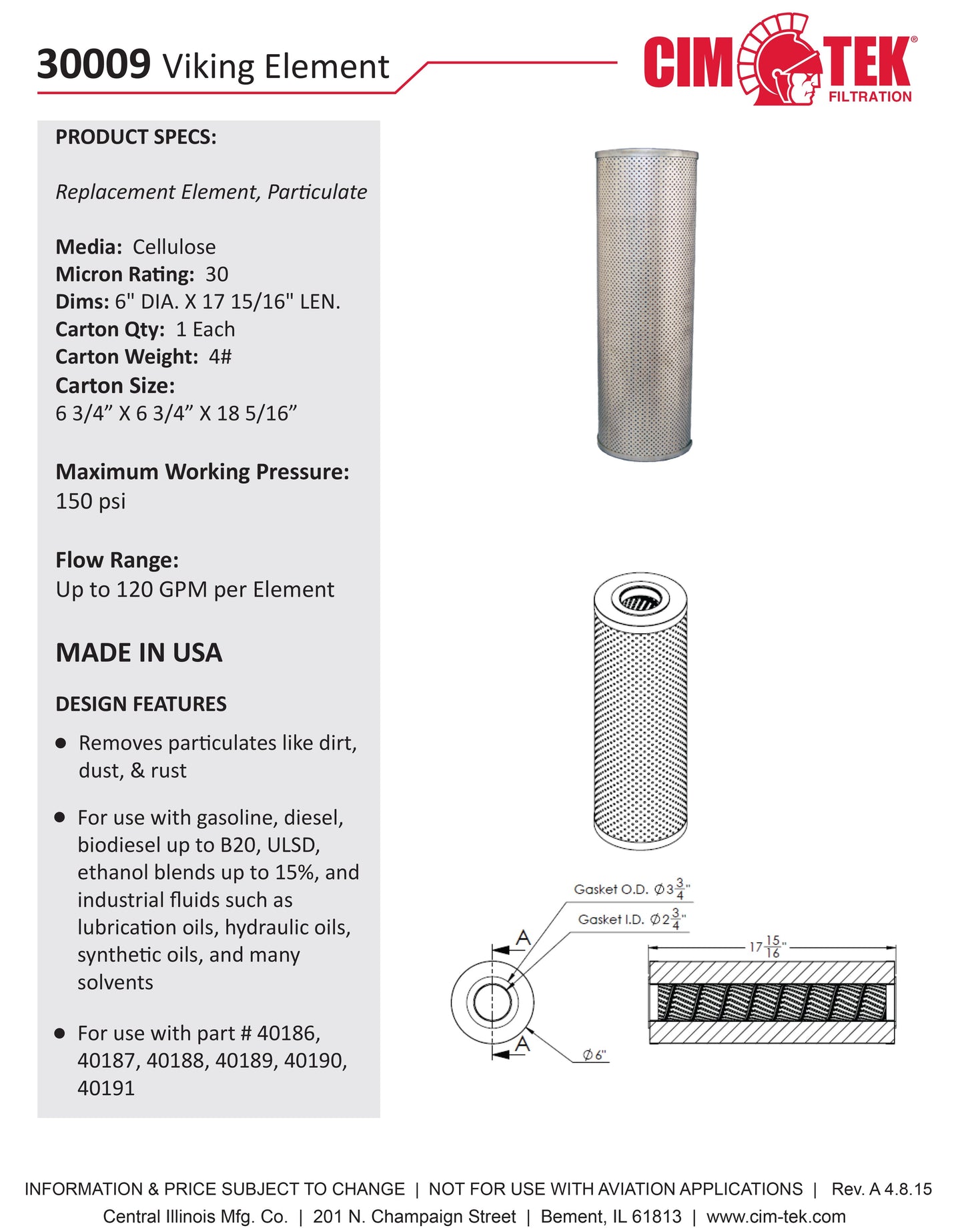 CimTek 30009 Viking Filter Element 30 Micron