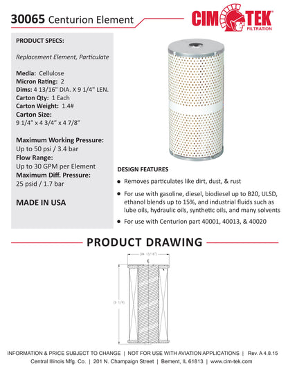 CimTek 30065 Centurion Filter Element 2 Micron
