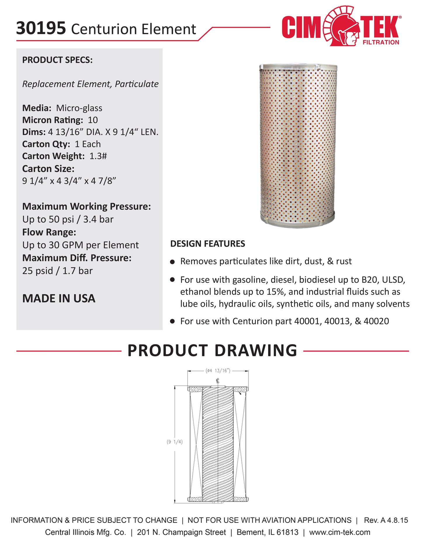 CimTek 30195 Centurion Filter Element 10 Micron