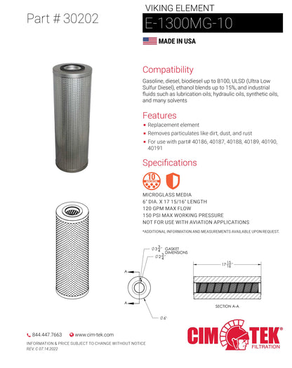CimTek 30202 Viking Filter Element 10 Micron