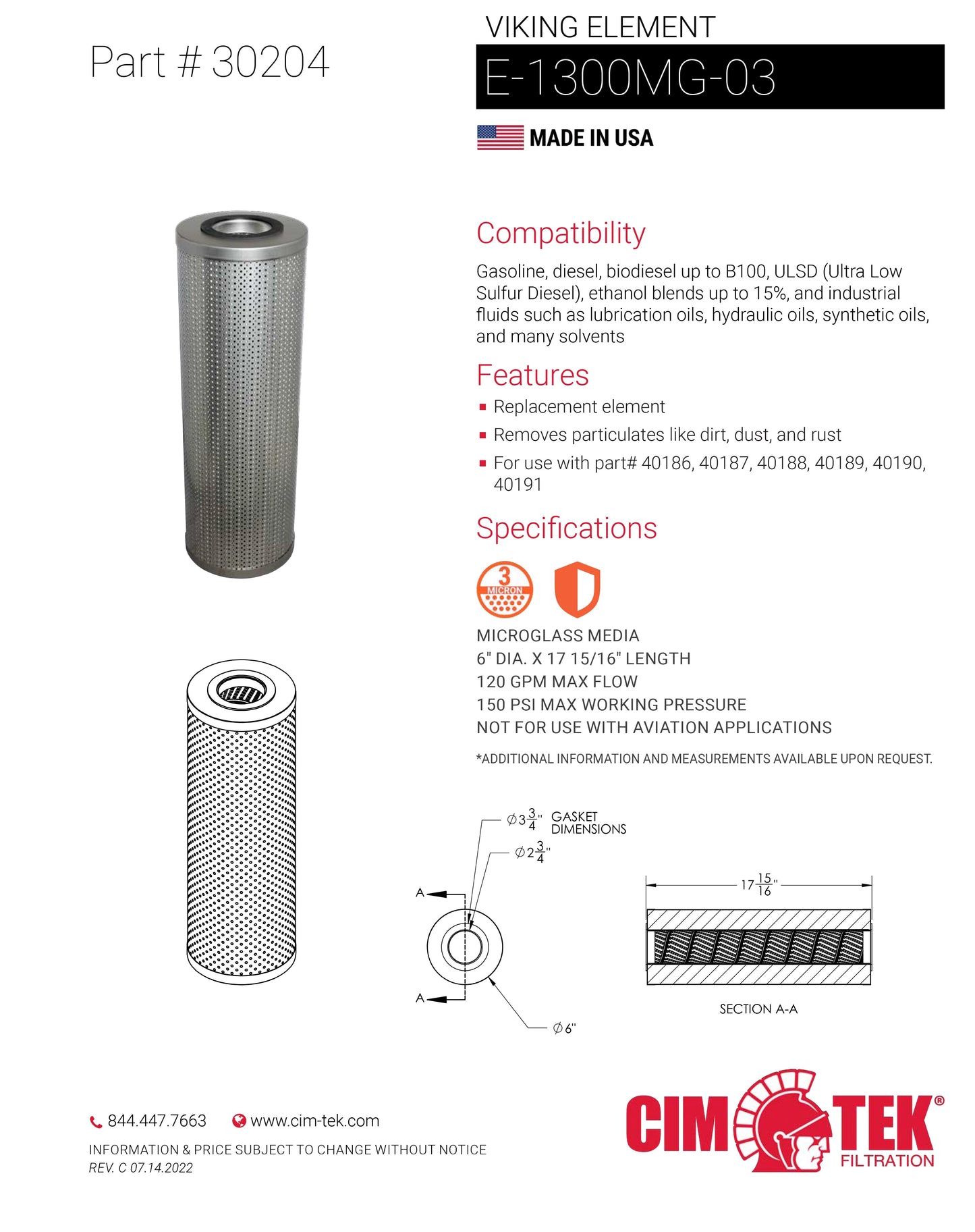 CimTek 30204 Viking Filter Element 3 Micron