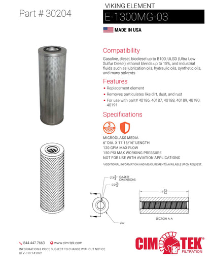 CimTek 30204 Viking Filter Element 3 Micron