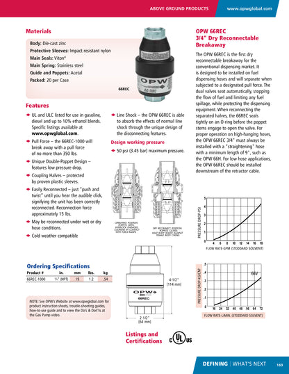 OPW FC 66REC-1000 3/4" Dry Reconnectable Breakaway,