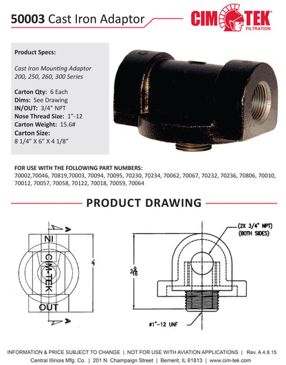 CimTek 50003/200H-3-4 Filter Head, Cast Iron, 3/4" NPT In/Out, Fits 3/4"(1"-12) Threaded Filter Openings