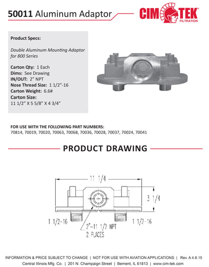 CimTek 50011/820 Dual Filter Head, Aluminum, 2" NPT In/Out, Fits (2) 800 Series 1-1/2"-16 Threaded Filters