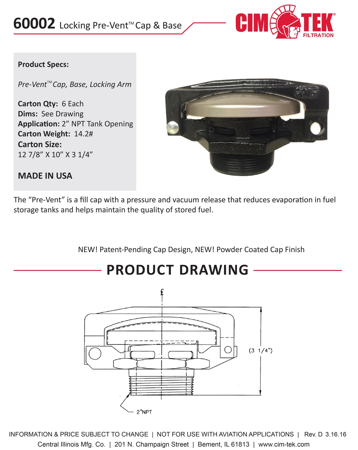CimTek 60002 Locking Pre-Vent Cap & Base