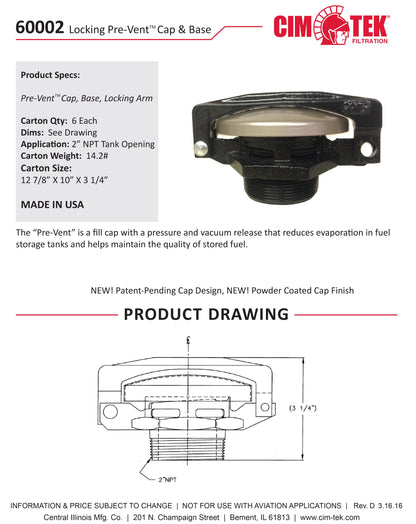 CimTek 60002 Locking Pre-Vent Cap & Base