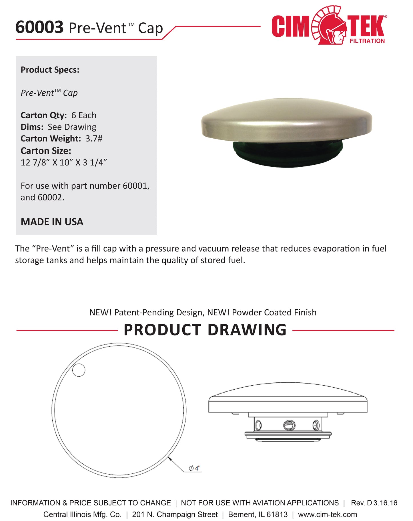 CimTek 60003 Pre-Vent Cap Only