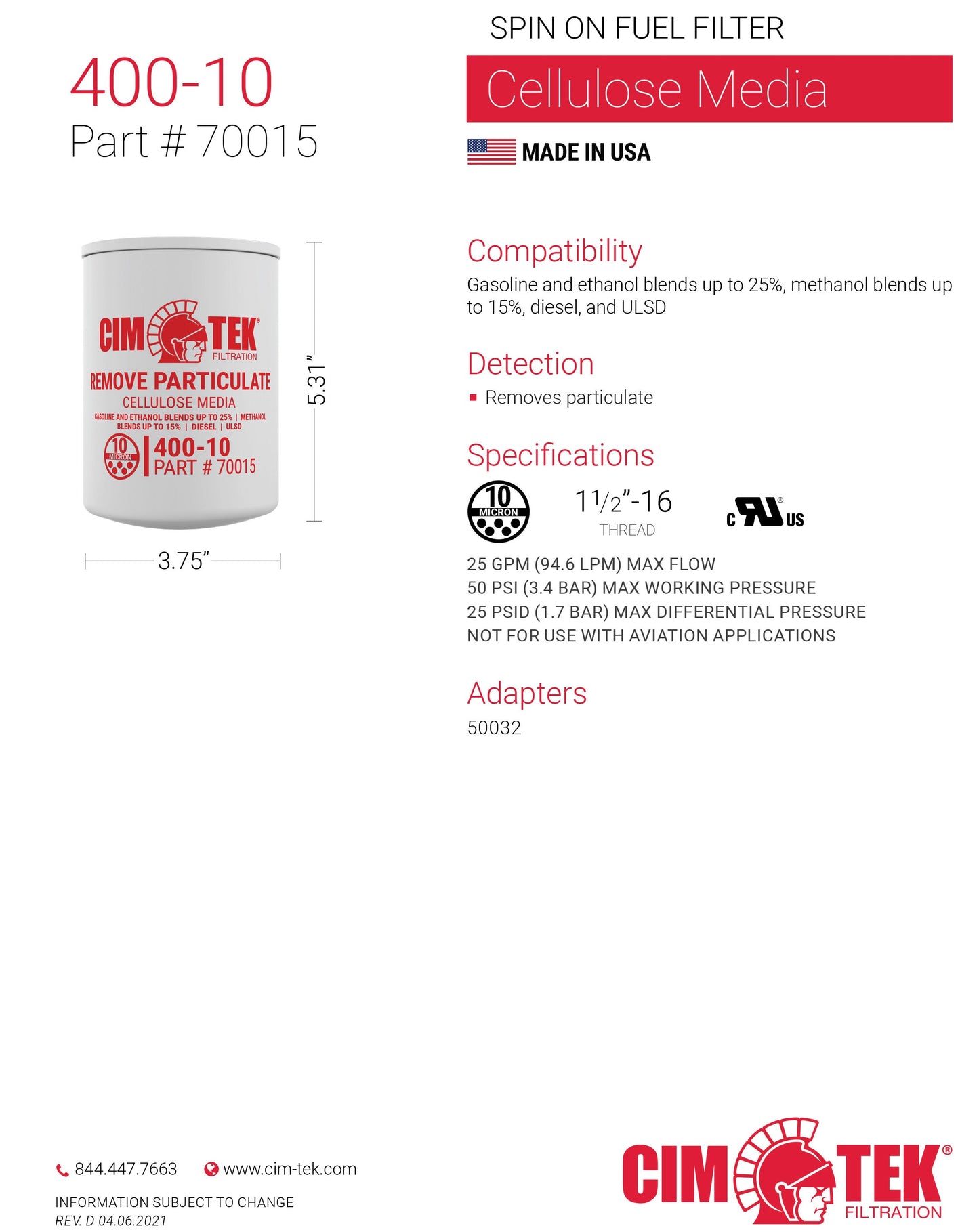 CimTek Filter 70015/400-10, 10 Micron, 1-1/2"-16 Threaded Filter
