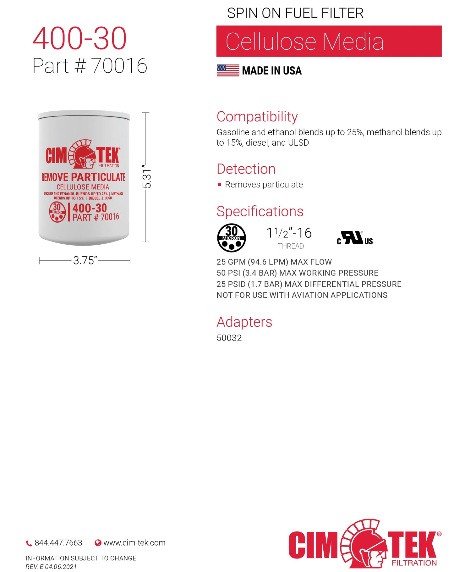 CimTek Filter 70016/400-30, 30 Micron, 1-1/2"-16 Threaded Filter