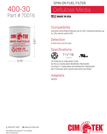 CimTek Filter 70016/400-30, 30 Micron, 1-1/2"-16 Threaded Filter