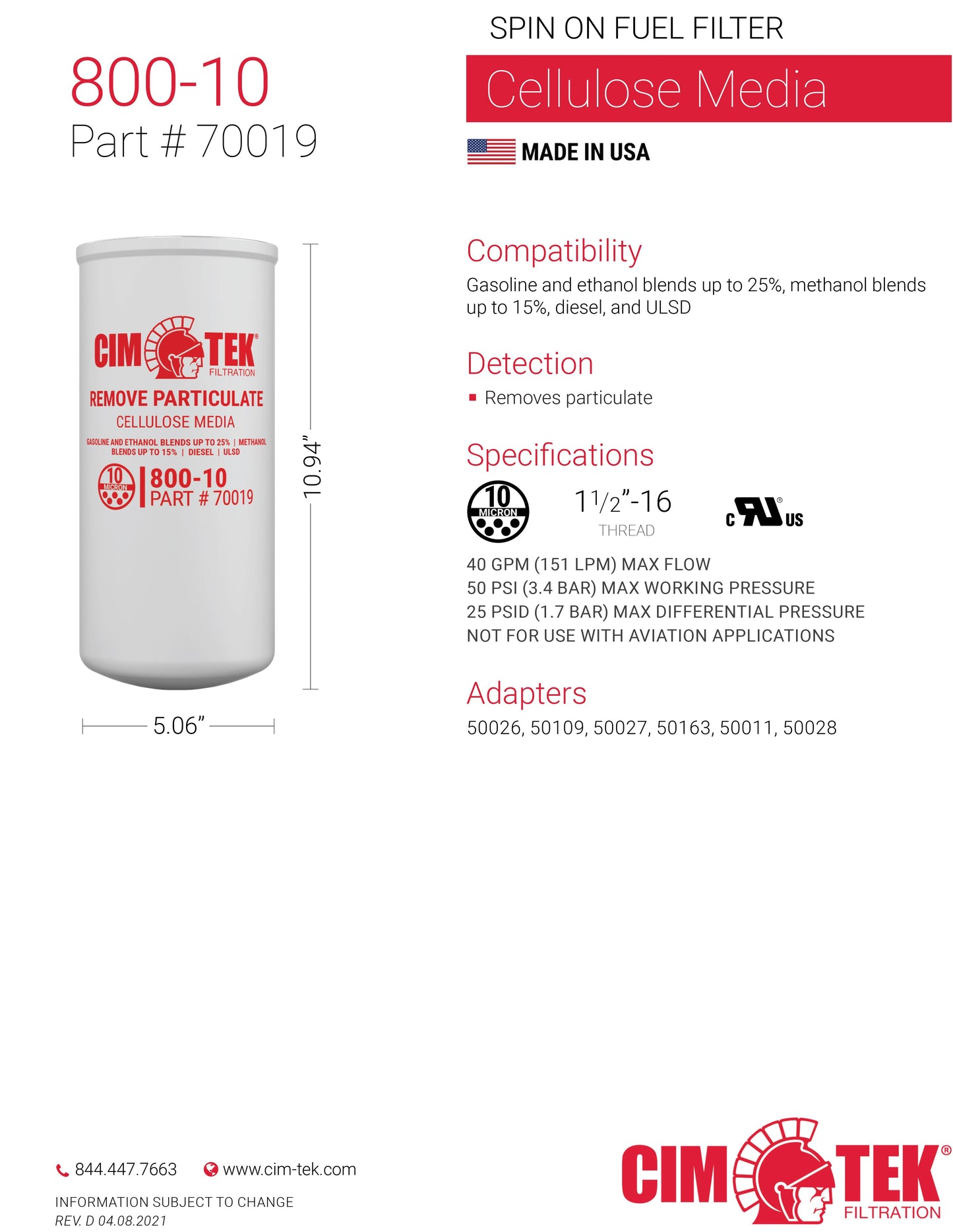 CimTek Filter 70019/800-10, 10 Micron, 1-1/2"-16 Threaded Filter