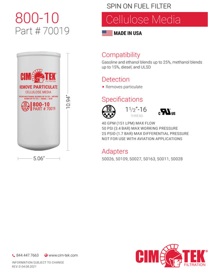 CimTek Filter 70019/800-10, 10 Micron, 1-1/2"-16 Threaded Filter