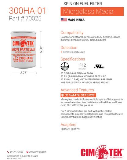 CimTek 70025/300HA-01 Microglass High Alcohol 1 Micron 3/4"(1"-12) Threaded Filter