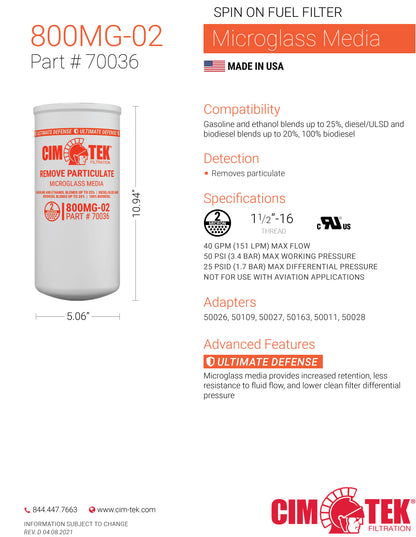 CimTek 70036/800MG-2, 2 Micron, 1-1/2"-16 Threaded Filter