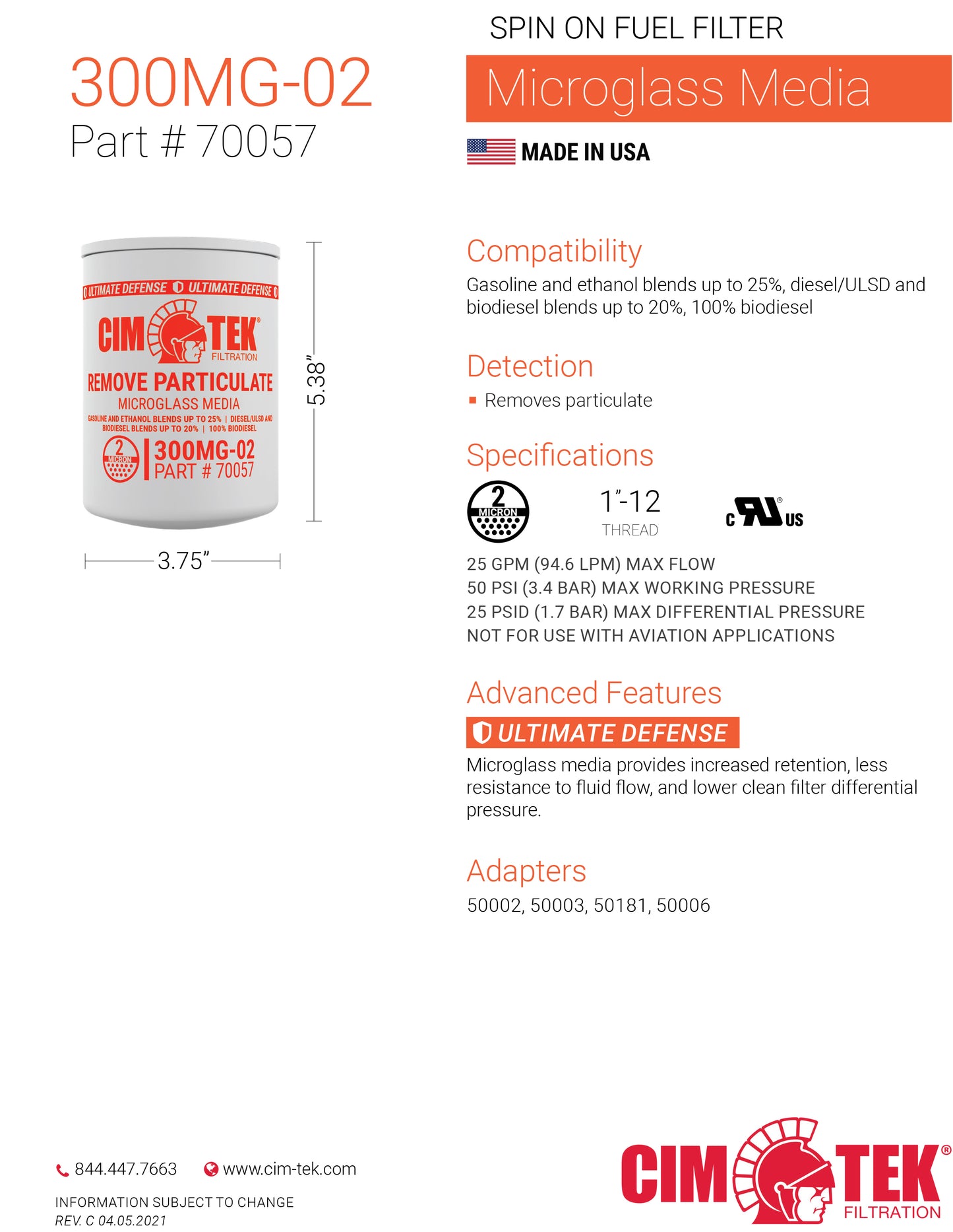 CimTek 70057/300MG-02, 2 Micron, 3/4"(1"-12) Threaded Filter